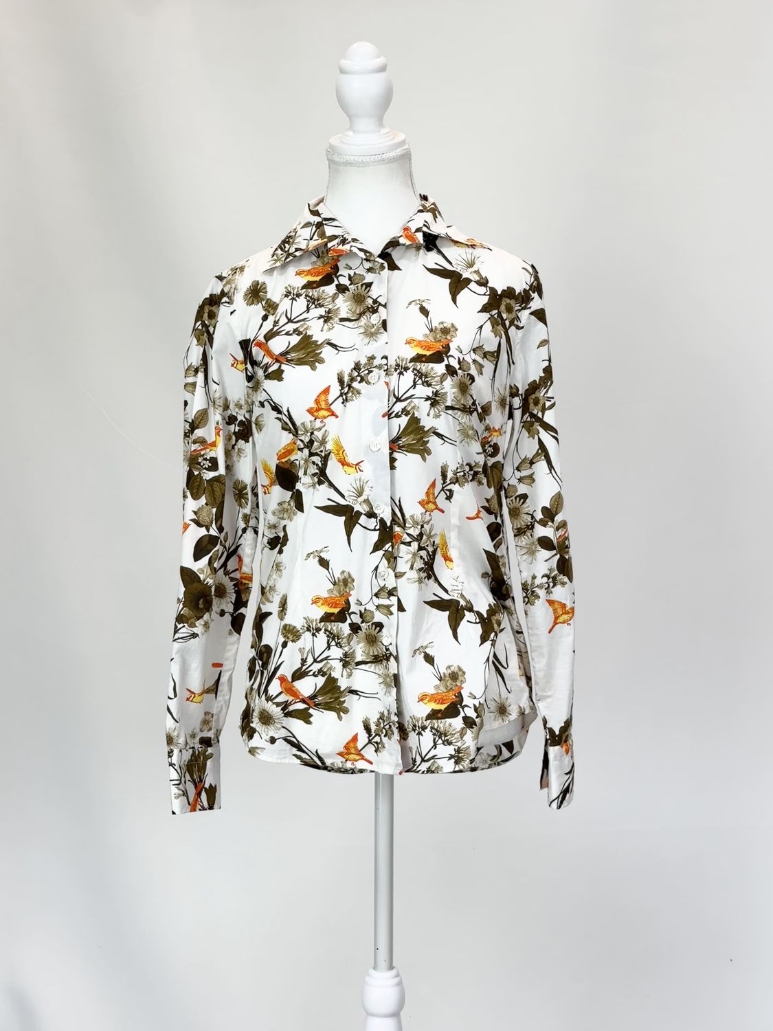 Kleider Manufaktur Habsburg, Cream/Browns/Orange Bird Floral Print L/Lsv Shirt, Size US6/GB10