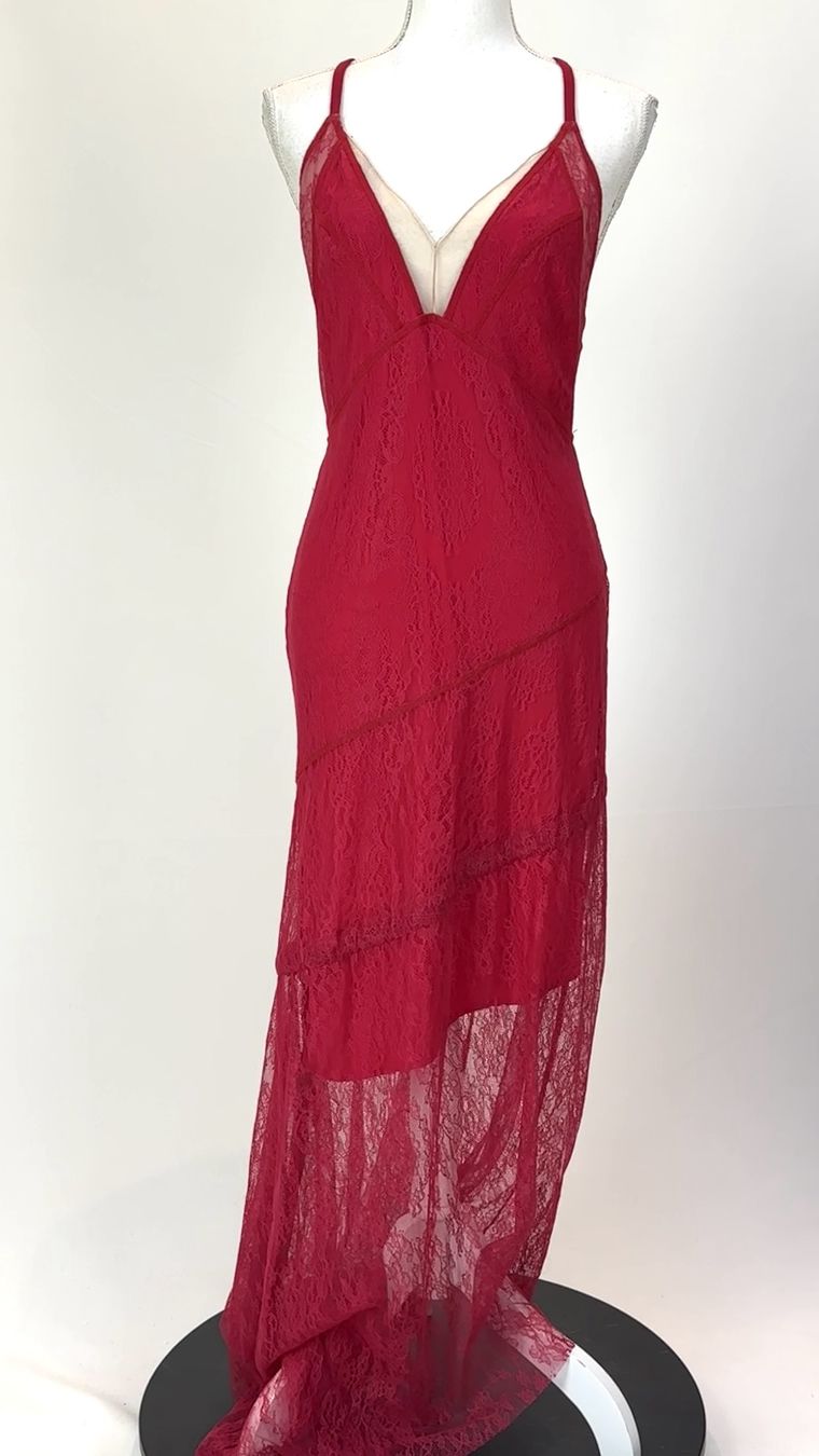 Manning Cartell, Red/Nude V- Mesh Trim Halter Strap Neckline Midi Lace Dress, Size 10