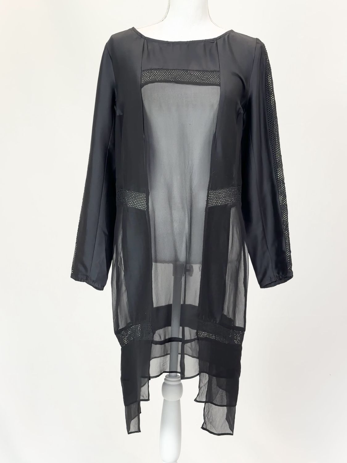 Zimmermann, Black Panelled Mesh Inset Trims L/Slv Layered Hem Dress, Size 1