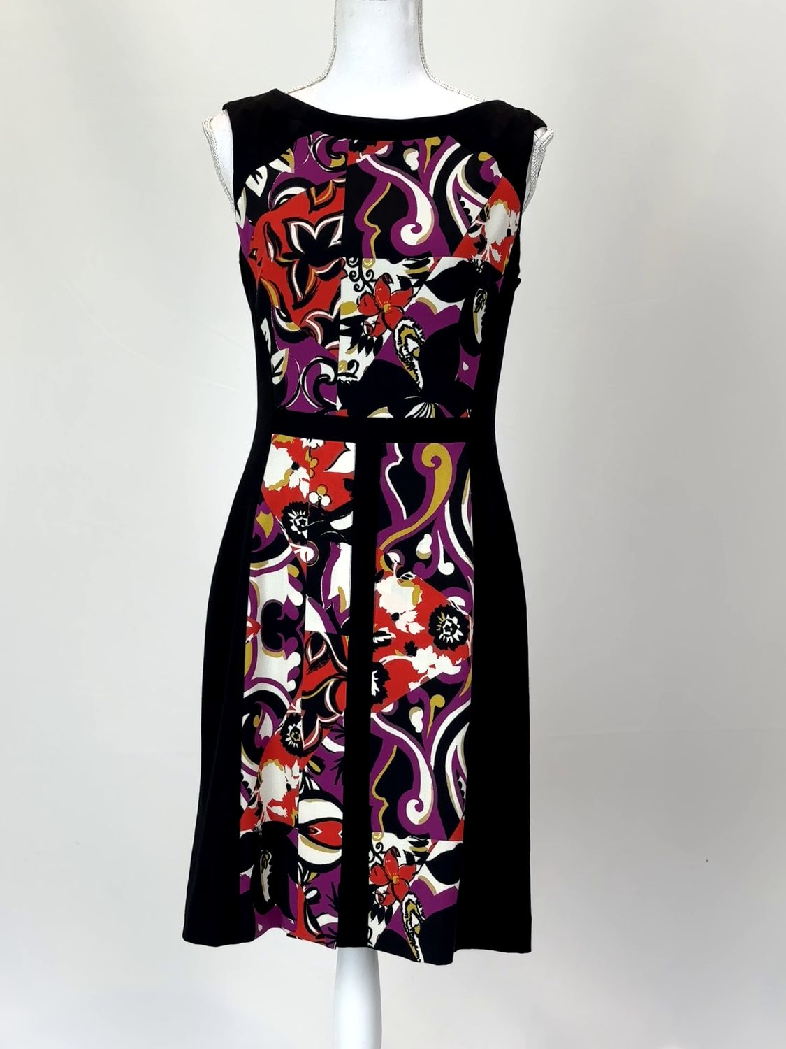 Etro, Black/Purple/Cream Inset Print Box Pleat Hem S/Less Wool  Dress, Size 46