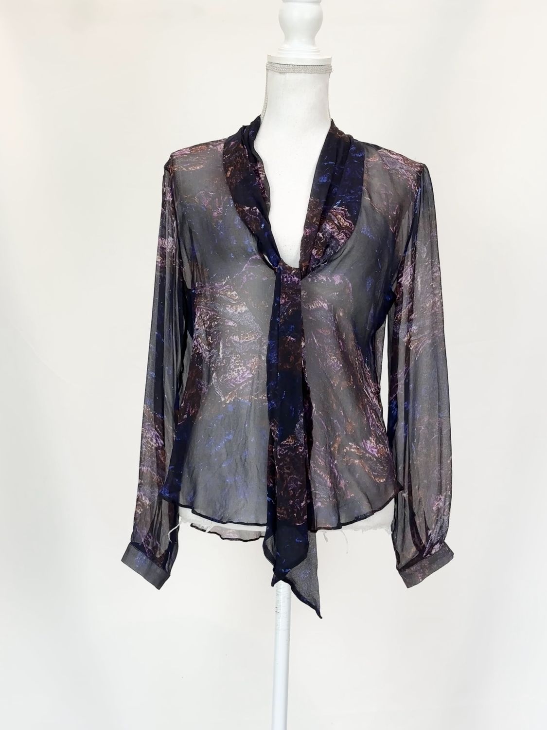Nevenka, Purples/Navy/Black Print Scoop Tie Neckline Silk L/Slv Blouse, Size 8