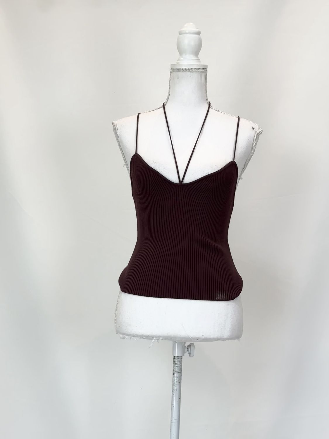 Manning Cartell, Brown Viscose Rib Knit Strappy And Halter Neck Ties Crop Top, Size S