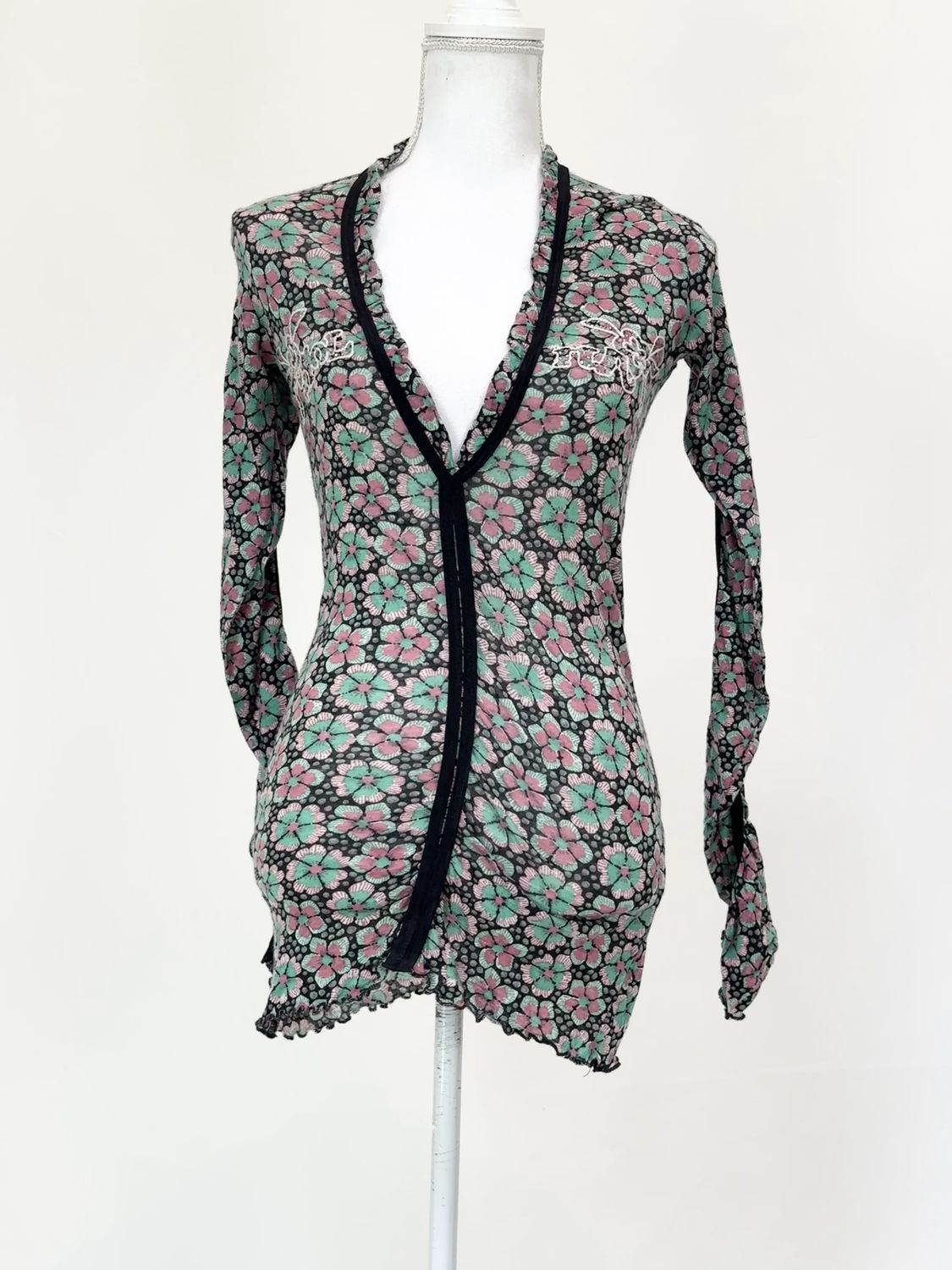 Nolita, Green/Pink Floral Frill V-Neck Wool Blend  L/Slv Top, Size L