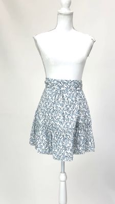 Magali Pascal, White/Blue Print Wrap Tie Waist Shirred Full Hem Linen Blend Mini Skirt , Size M