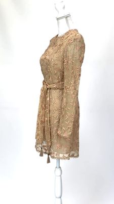 Zimmermann, Apricot Broderie Anglaise Scallop Trim L/Slv Dress W/Tassel Tie Belt, Size 0