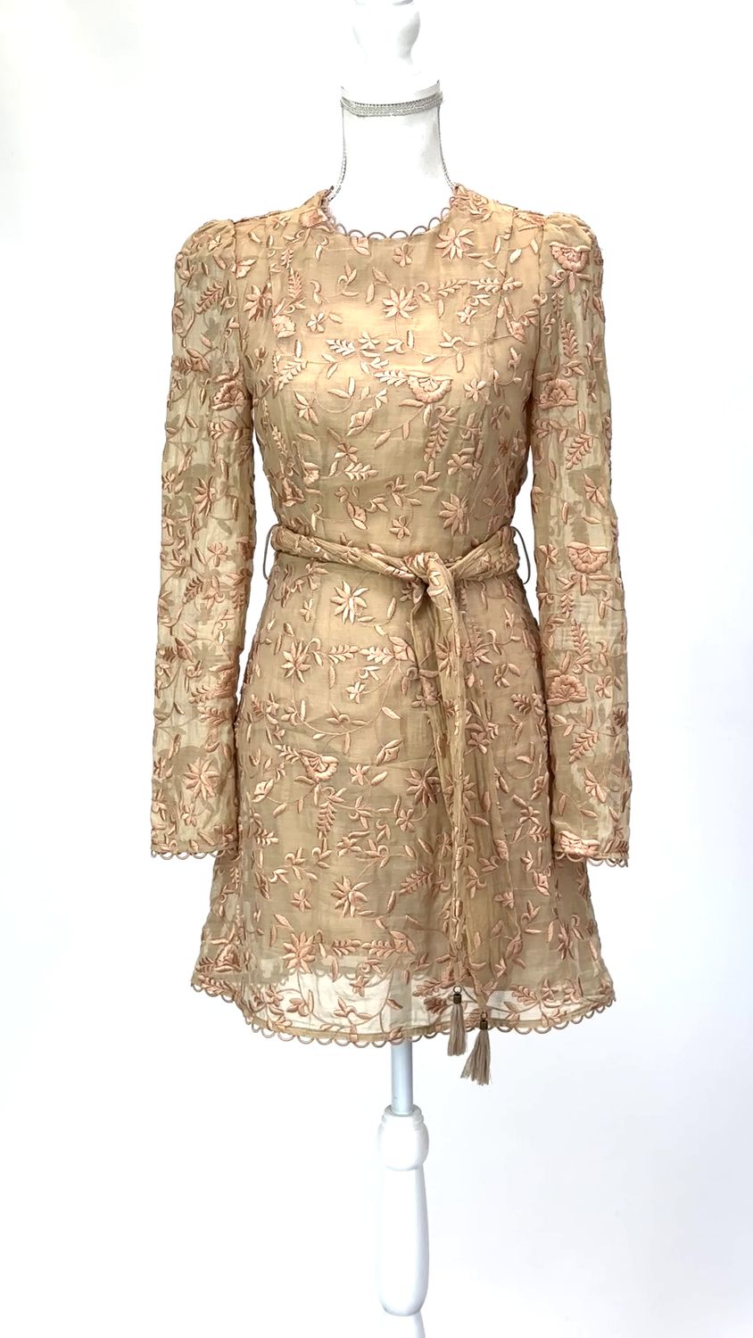 Zimmermann, Apricot Broderie Anglaise Scallop Trim L/Slv Dress W/Tassel Tie Belt, Size 0