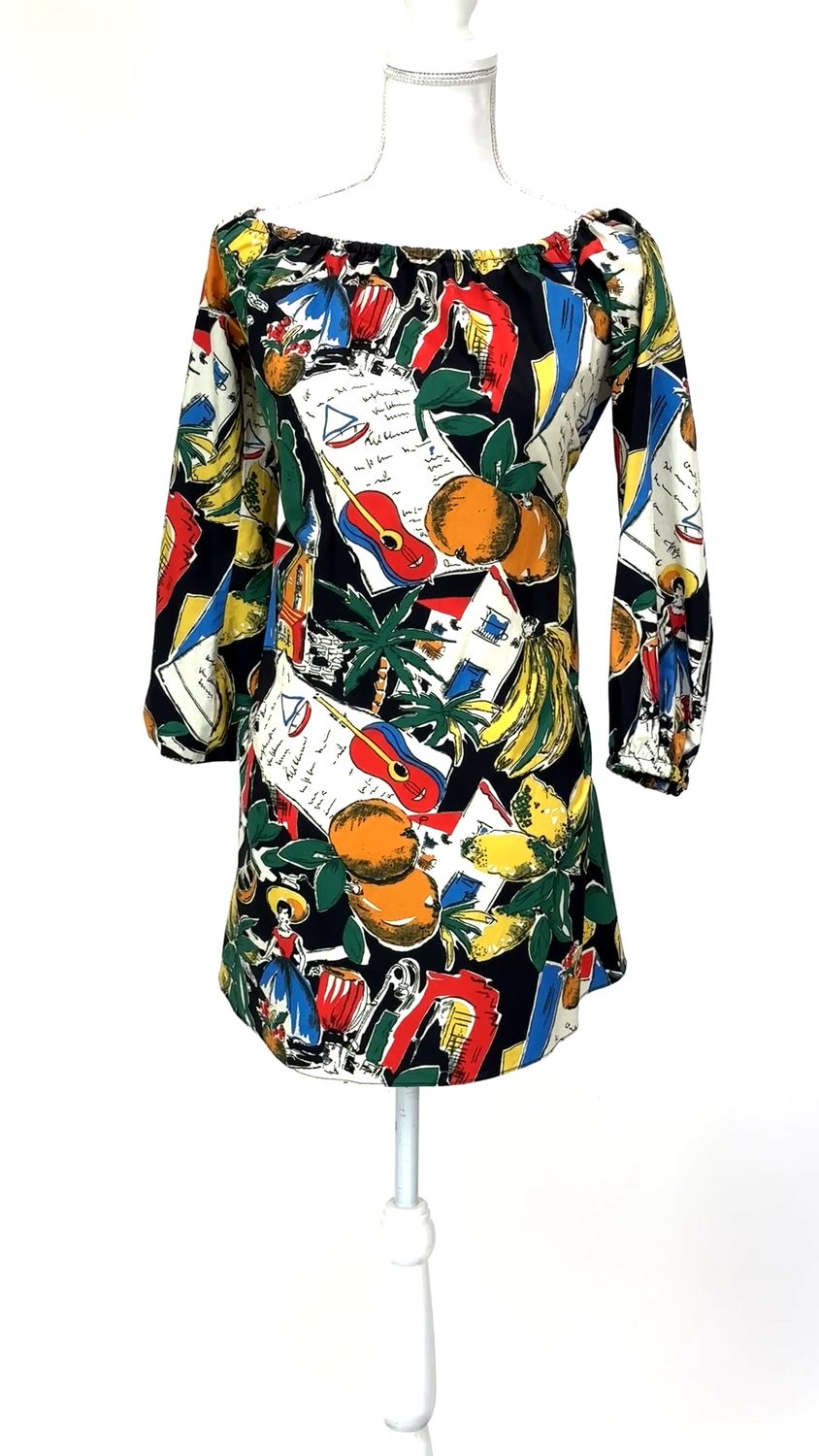 Scanlan Theodore, Cream/Black/Multi Print Off-Shoulder Blouson L/Slv Dress W/Tie Belt, Size 6