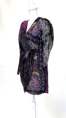 Scanlan &amp; Theodore, Black/Pinks/Multi Wrap Pleat Blouson 3/4 Slv Dress W/Belt, Size 8