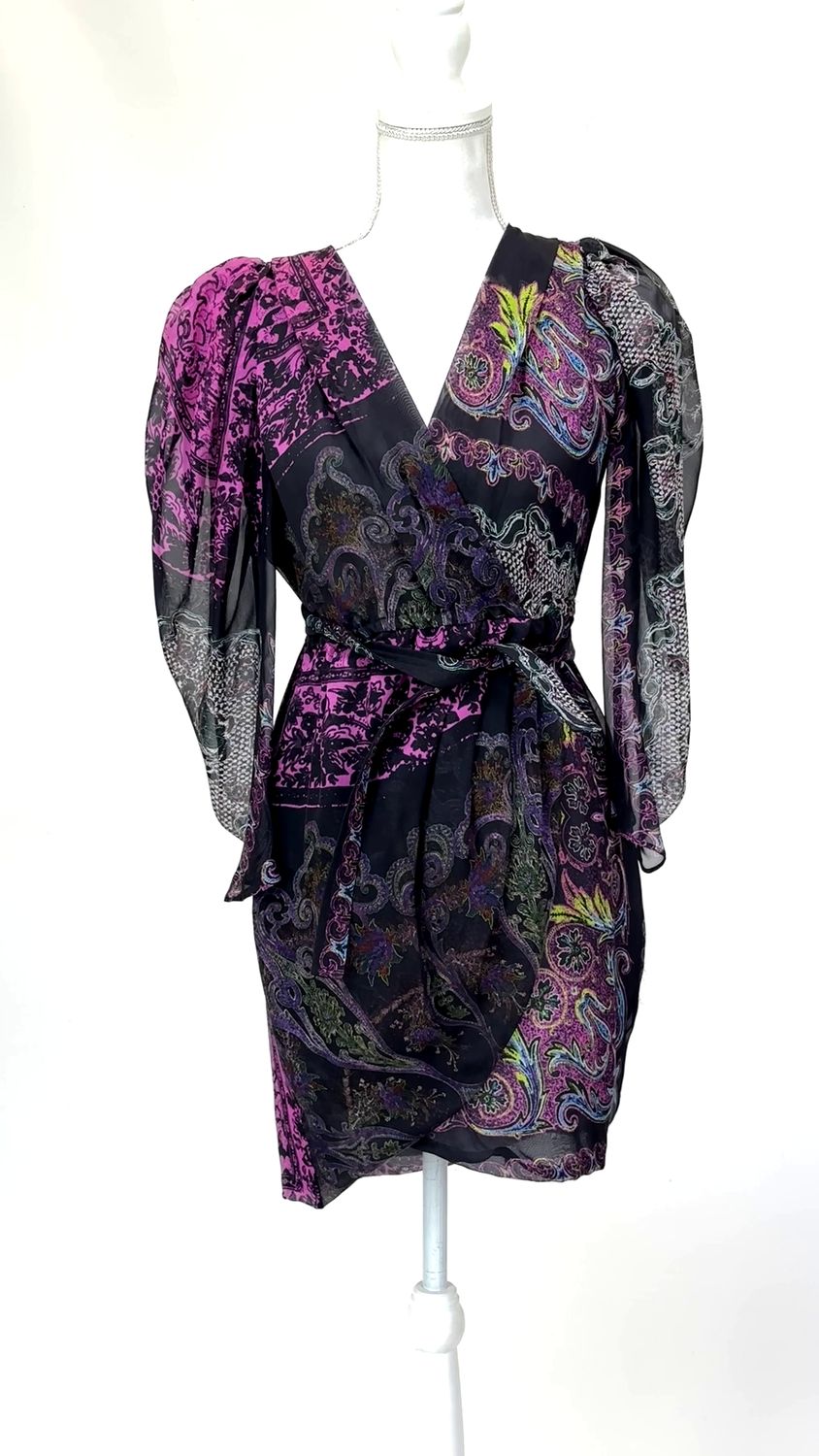 Scanlan &amp; Theodore, Black/Pinks/Multi Wrap Pleat Blouson 3/4 Slv Dress W/Belt, Size 8