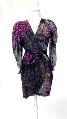 Scanlan &amp; Theodore, Black/Pinks/Multi Wrap Pleat Blouson 3/4 Slv Dress W/Belt, Size 8