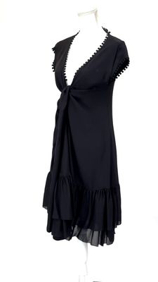 Jaeger, Black Tie Bust Silk S/Slv Flare Hem Dress , Size UK10