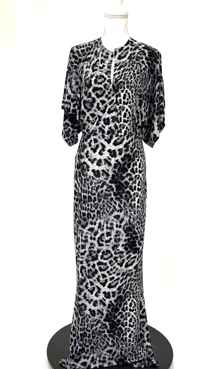 Norma Kamali, Black/Greys Animal Print Slit Neck S/Slv Long Dress , Size S/36