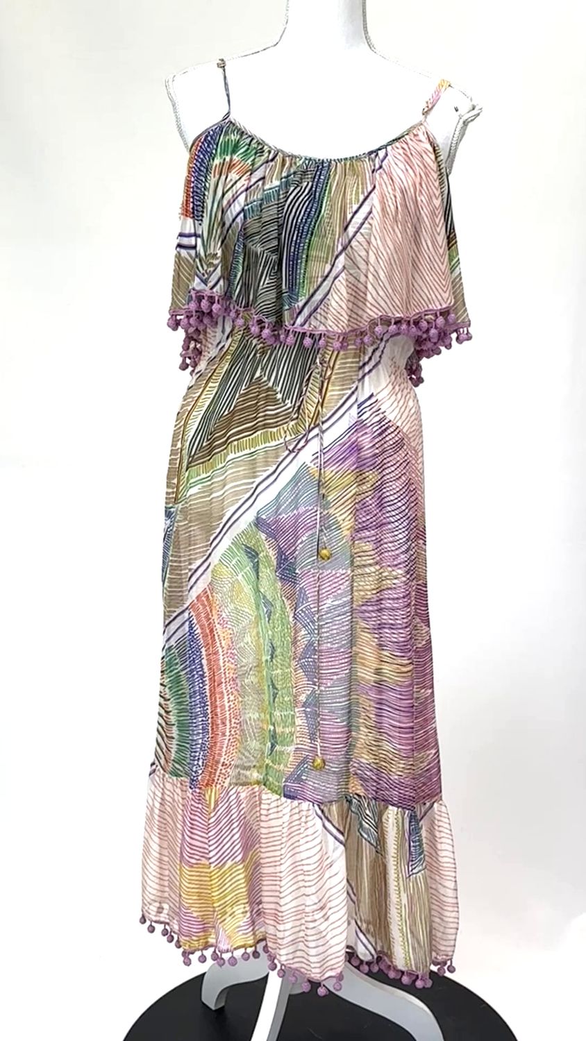 nevenka, Pinks/Purple/Multi Abstract Stripe Print Layered Top Adj.Strap Silk Midi Dress W/Pom Pom Trims, Size 8