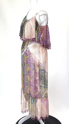 nevenka, Pinks/Purple/Multi Abstract Stripe Print Layered Top Adj.Strap Silk Midi Dress W/Pom Pom Trims, Size 8