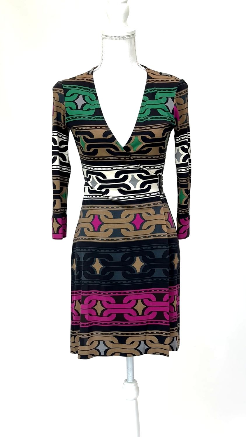 Diane Von Furstenberg, Brown/Black/Multi Geometric Print Tie Waist 3/4 Slv Silk Dress , Size US2