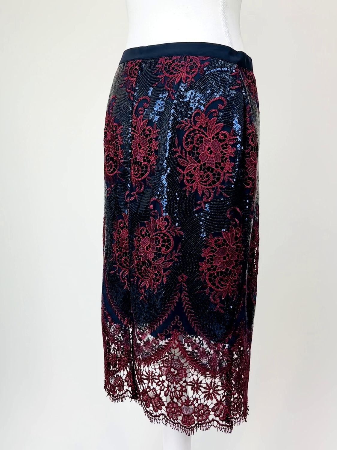 Patrizia Pepe, Navy/Burgandy Lace Sequin Embellished Skirt , Size 42
