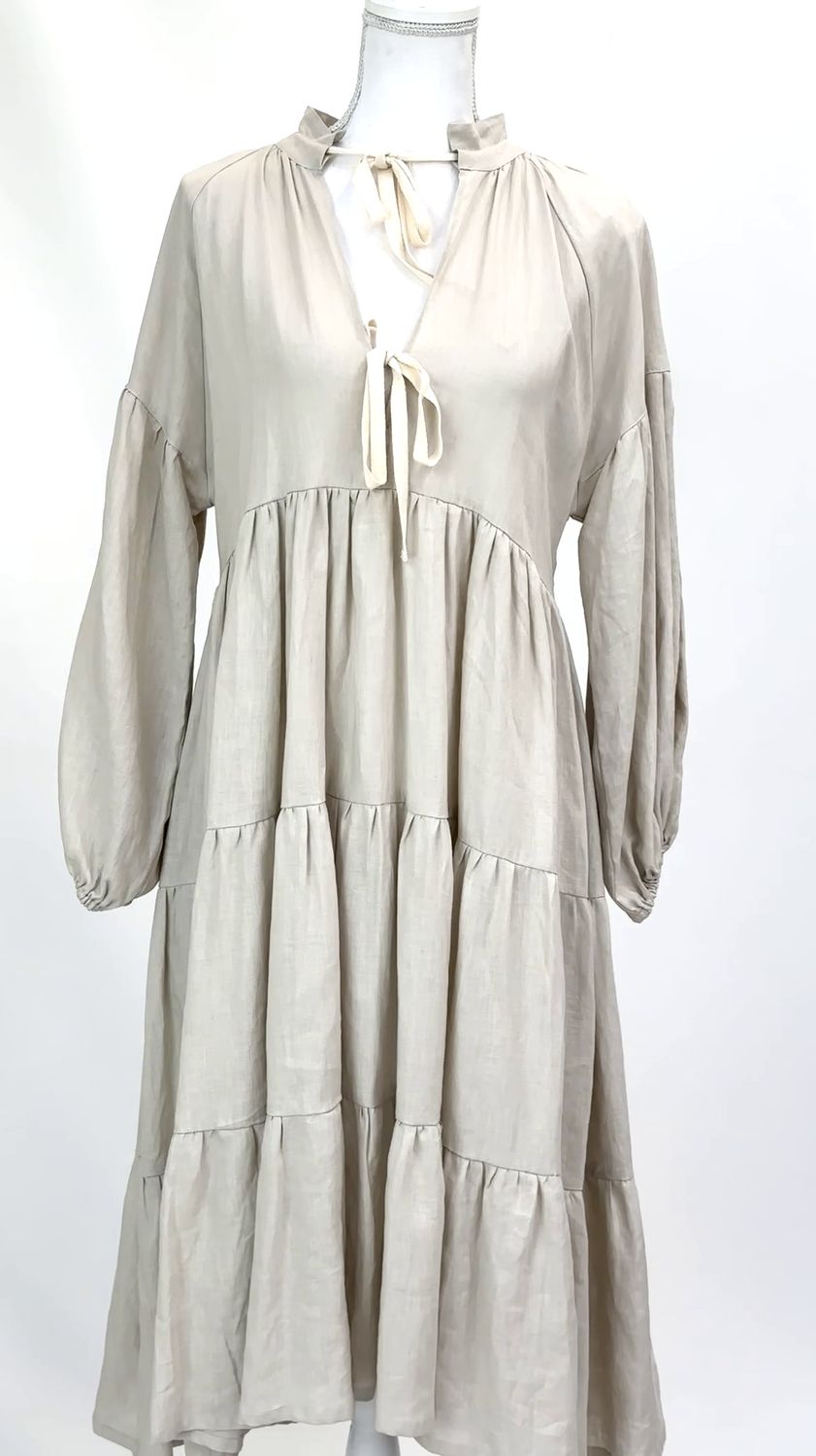 White Story, Stone Double Tie Front Tiered Blouson L/Slv Linen Midi   , Size S