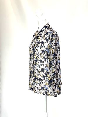 Lania, Blush/Navy Floral Print Frill Neck L/Slv Blouse , Size 8