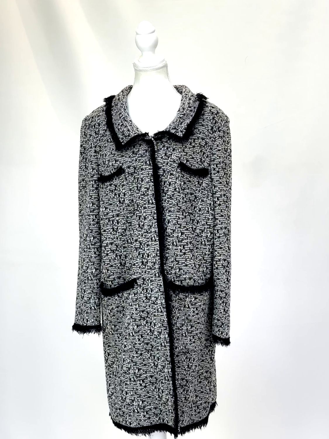 Stizzoli, Black/White Textured Wool Tassel Trim Snap Stud Button Coat W/ Fray Hems, Size 50