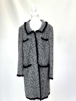 Stizzoli, Black/White Textured Wool Tassel Trim Snap Stud Button Coat W/ Fray Hems, Size 50