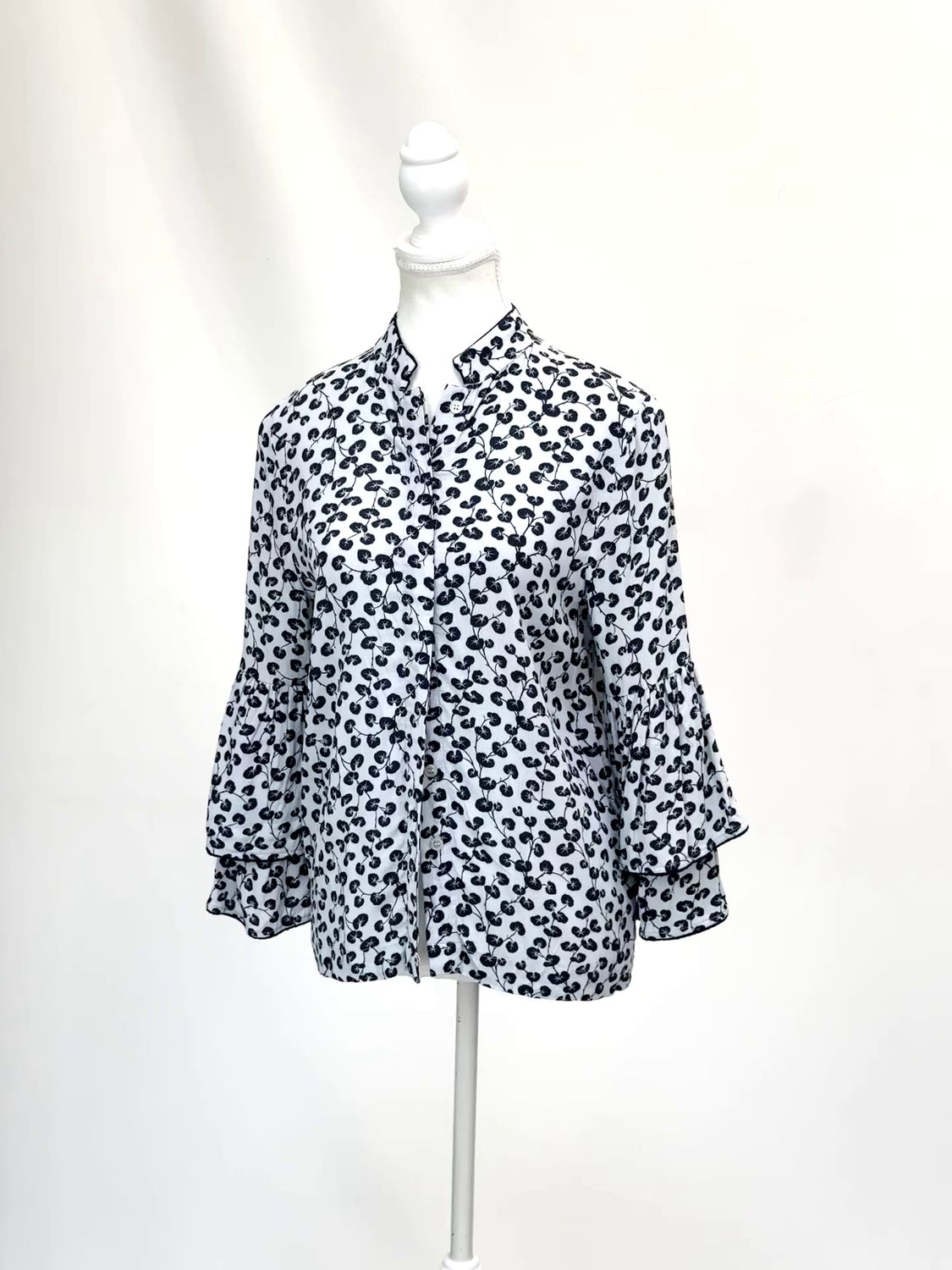 Ganni, Pale Blue/Navy Clover Print 3/4 Slv Frill Cuff Viscose Crepe Blouse , Size 34