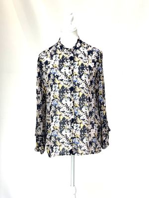Lania, Blush/Navy Floral Print Frill Neck L/Slv Blouse , Size 8