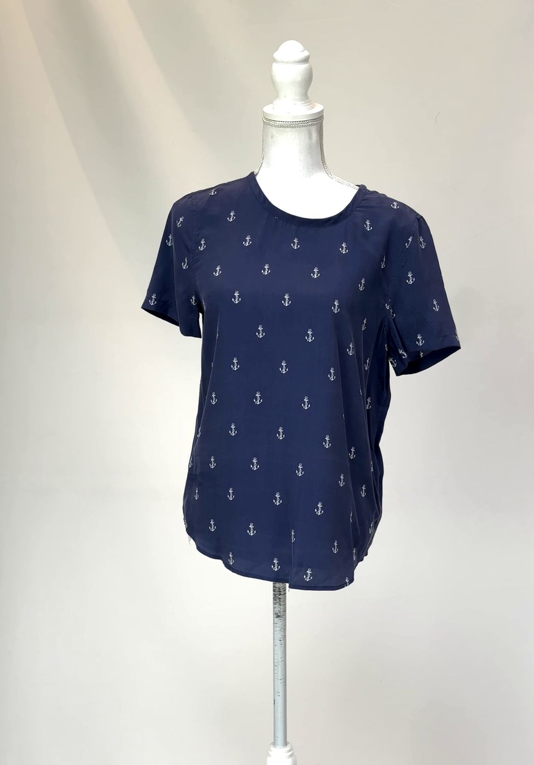 Equipment, Navy/White Anchor Print S/Slv Silk Top , Size XS