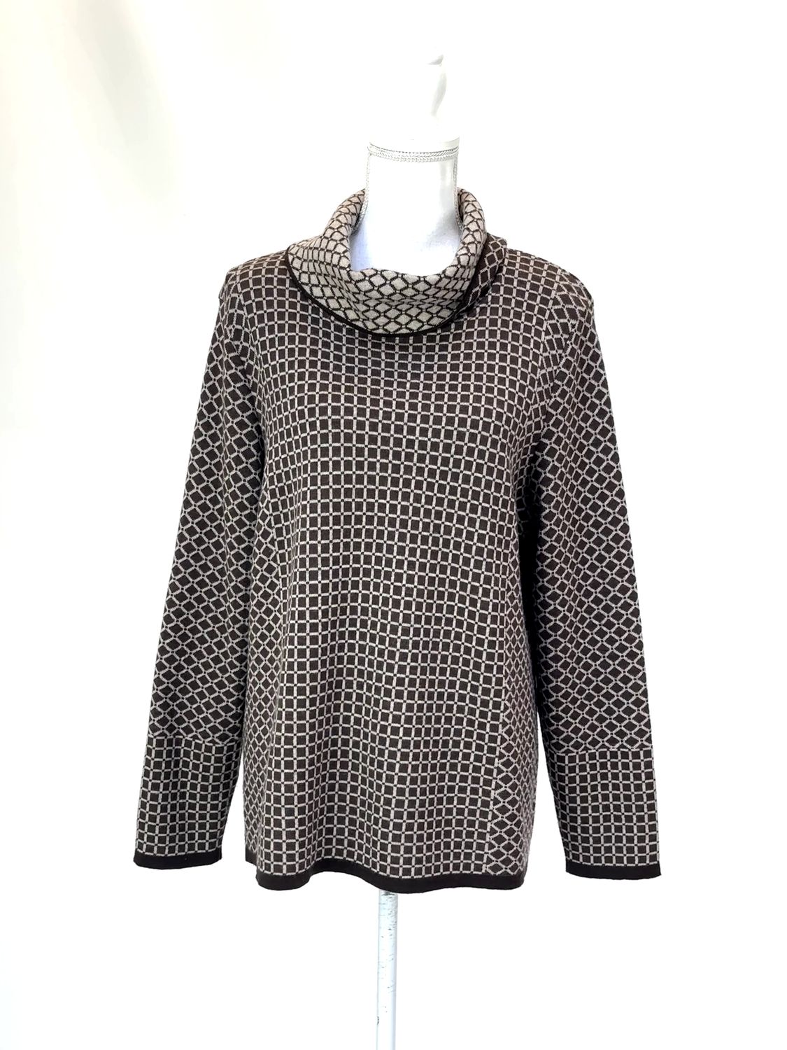 Optimum, Browns/Cream Geometric Patterned High Neck Merino Wool L/Sv Jumper , Size 16