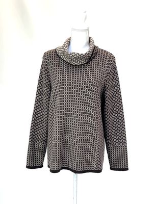 Optimum, Browns/Cream Geometric Patterned High Neck Merino Wool L/Sv Jumper , Size 16