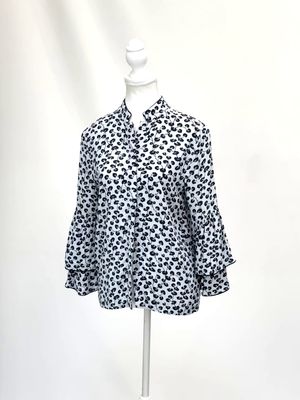 Ganni, Pale Blue/Navy Clover Print 3/4 Slv Frill Cuff Viscose Crepe Blouse , Size 34