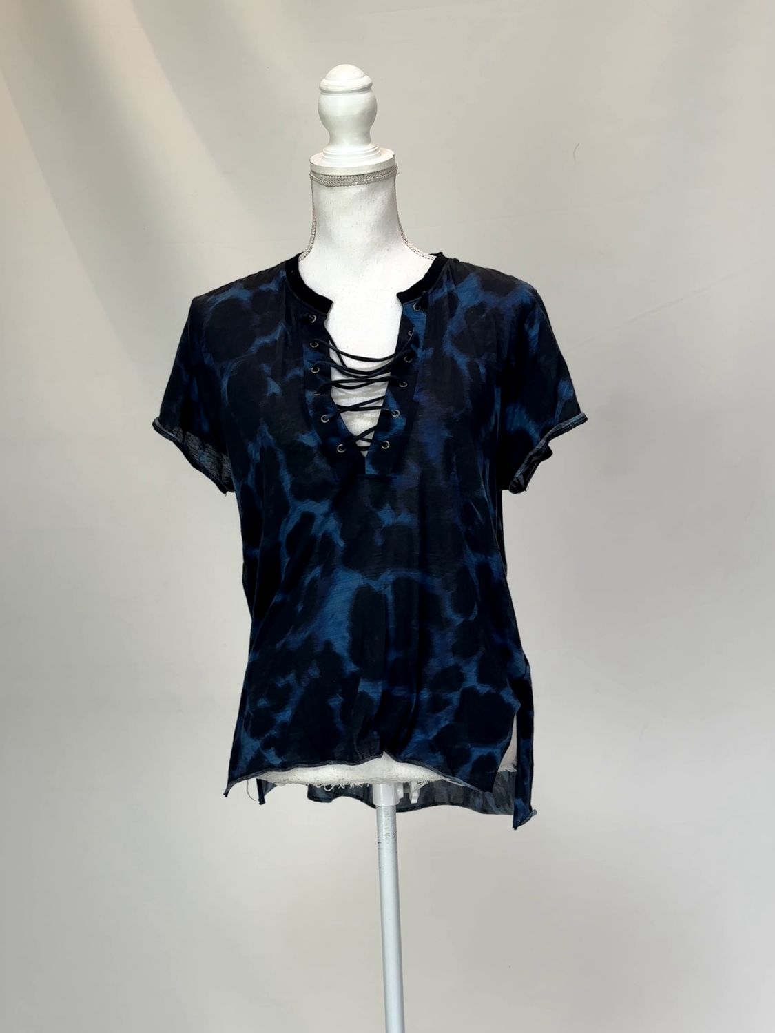 Husk, Navy/Blues Dye Lacing Neckline S/Slv Tee , Size L