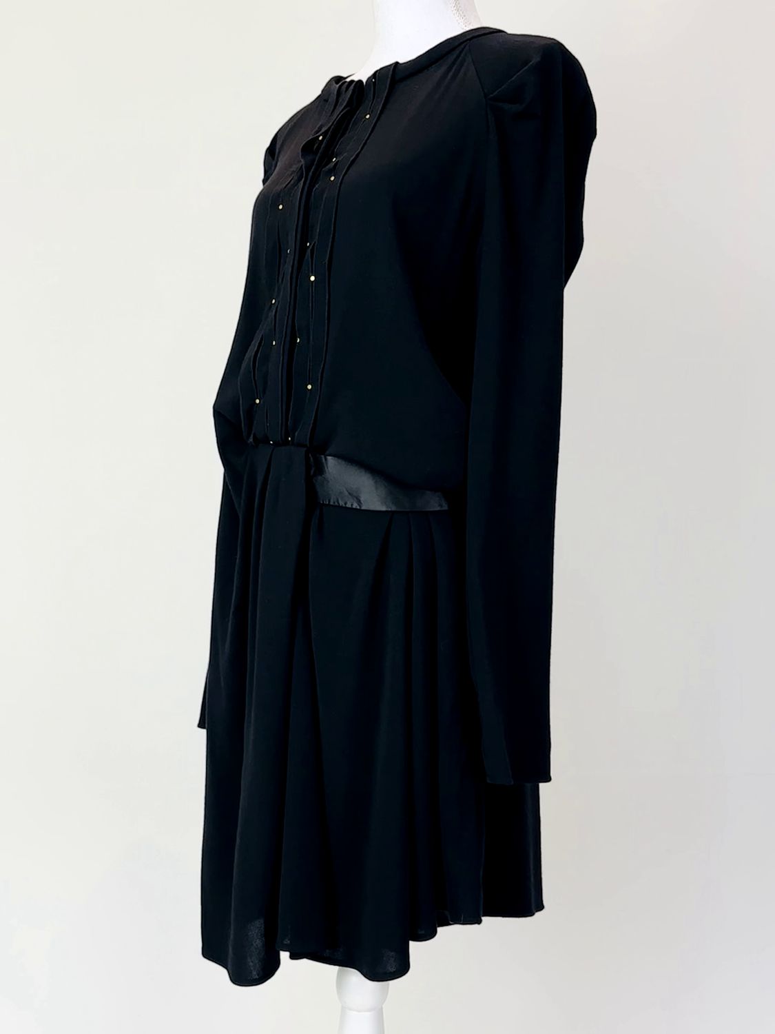 Vanessa Bruno , Black /Gold Stud Pleat And Strip Front Trim L/Slv Pleat Dress, Size 40