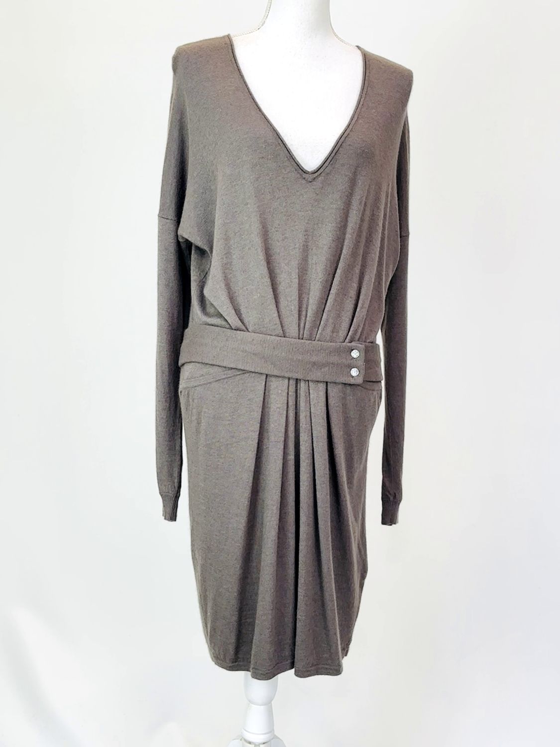 Athe Vanessa Bruno , Brown V-Neck  Pleat Front Angora/Wool/Viscose  Blend L/Slv Knit Dress W/Detachable Belt , Size 2