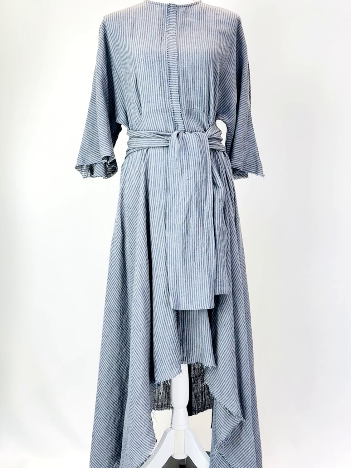 Morrison , Grey/Blue Stripe Raw Edge Trims Maxi Flare Hem Linen Dress W/Sash Tie Belt , Size 3