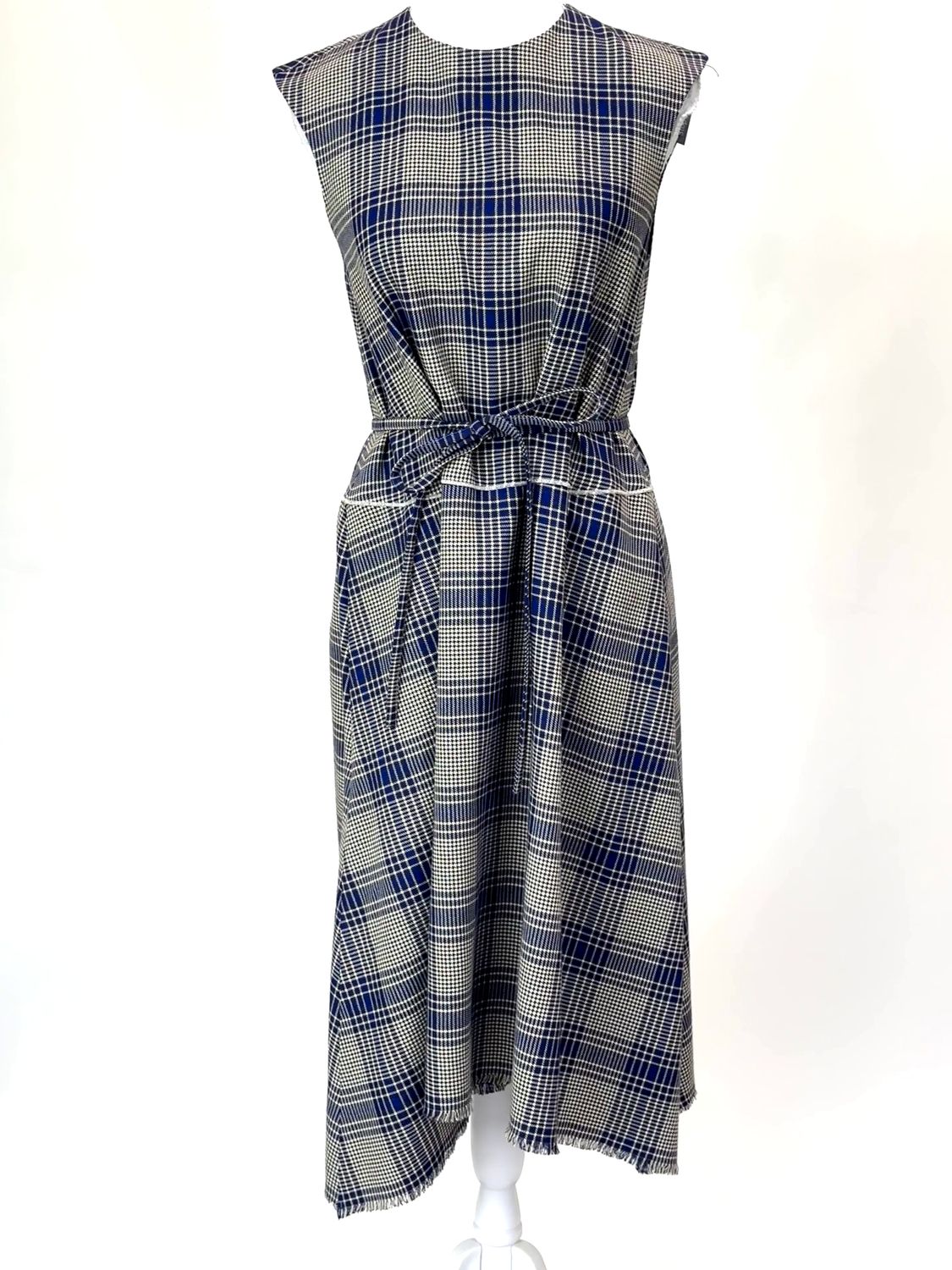 Scanlan Theodore, Cream/Navy/Brown Check Flare Hem Wool Blend S/Less  Dress W/Tie Belt, Size 6