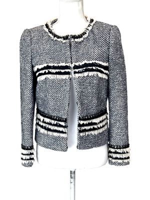 Tory Burch, Navy/Cream/Black Beaded Fray Trims Tweed Jacket , Size US6