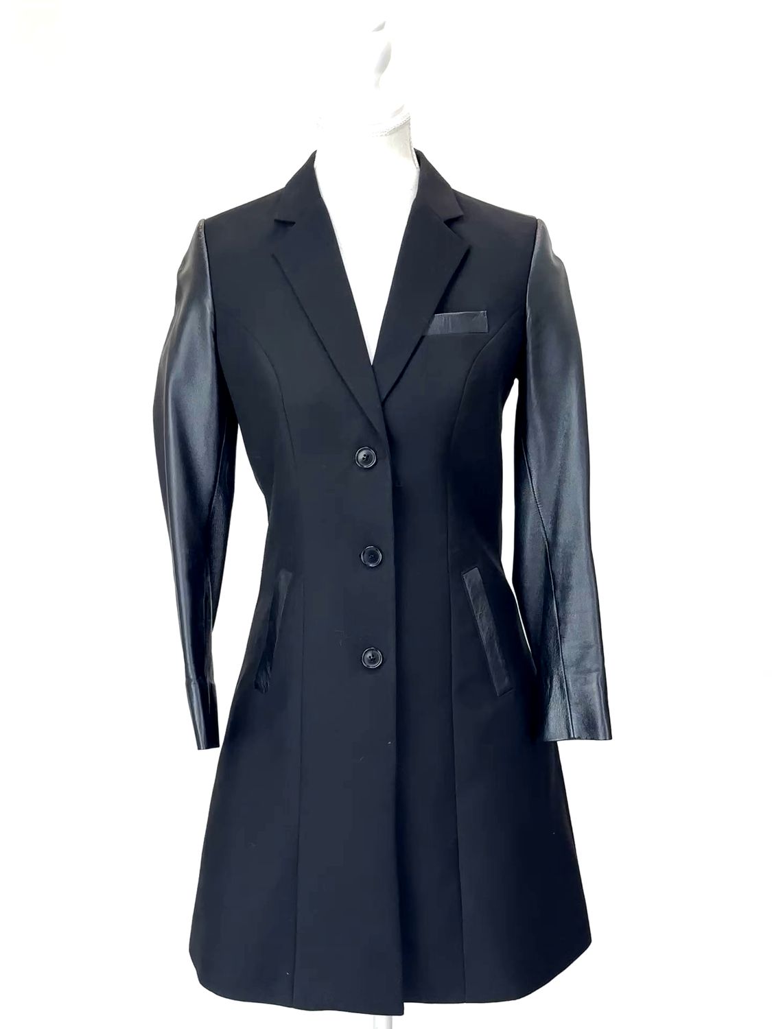 Extinct, Black Wool Contrast Leather Trims Button -Up Coat , Size 1