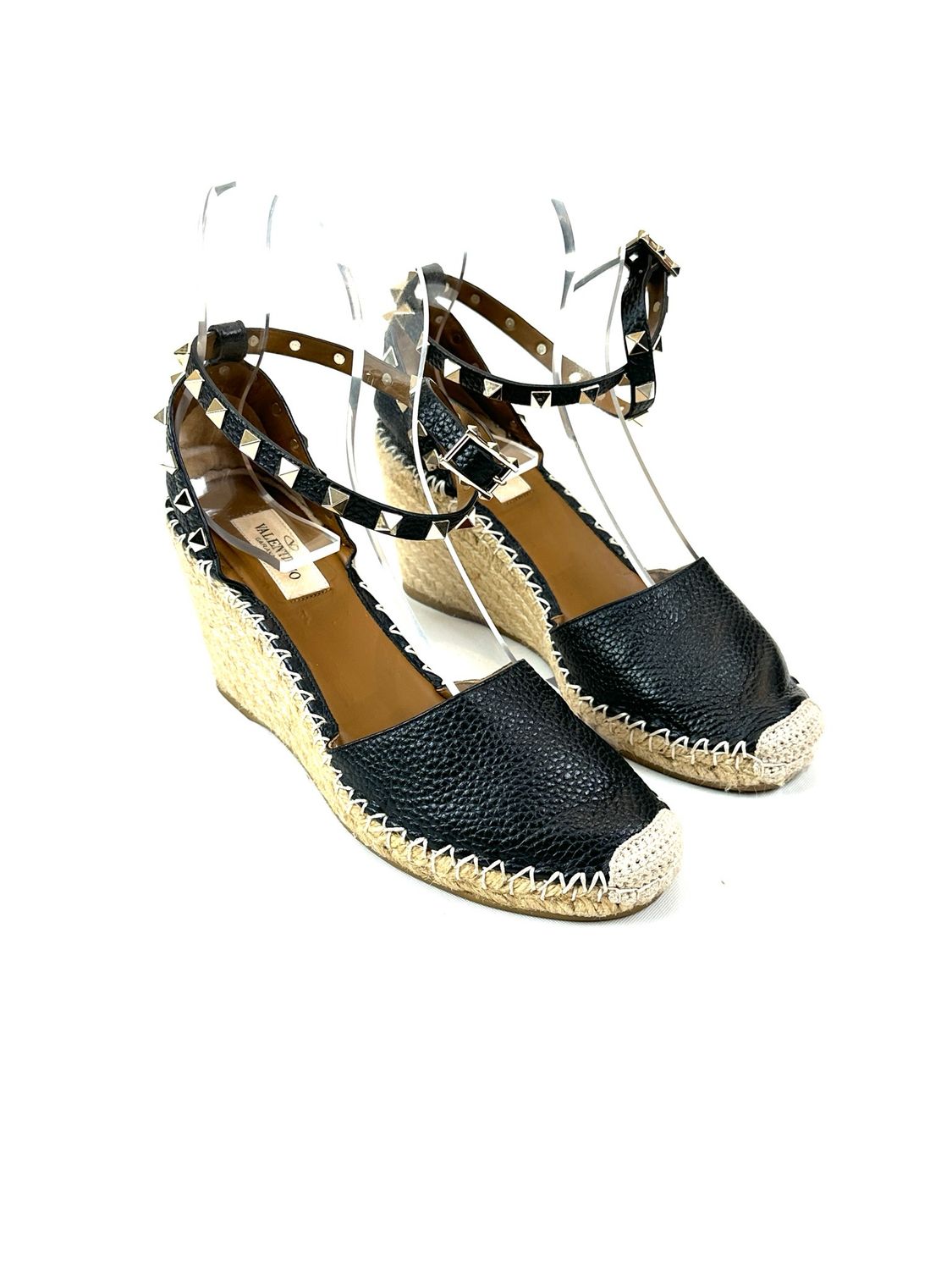 Valentino Garavani, Black/Beige/Gold Rockstud Ankle Strap Epadrille Wedge Heels .Size 38