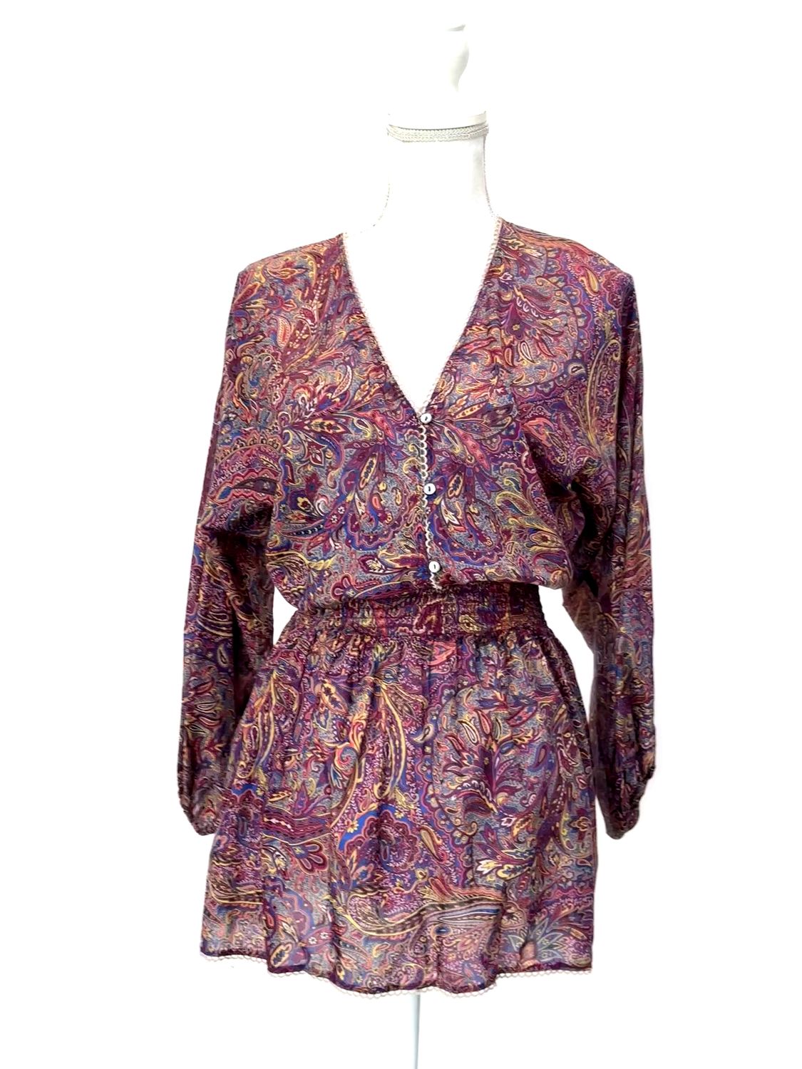 Zimmermann, Purples/Blue/Yellow Paisley Print Scallop Embroidery Trim Shirred Waist Blouson L/Slv Silk Bled  Dress, Size 0
