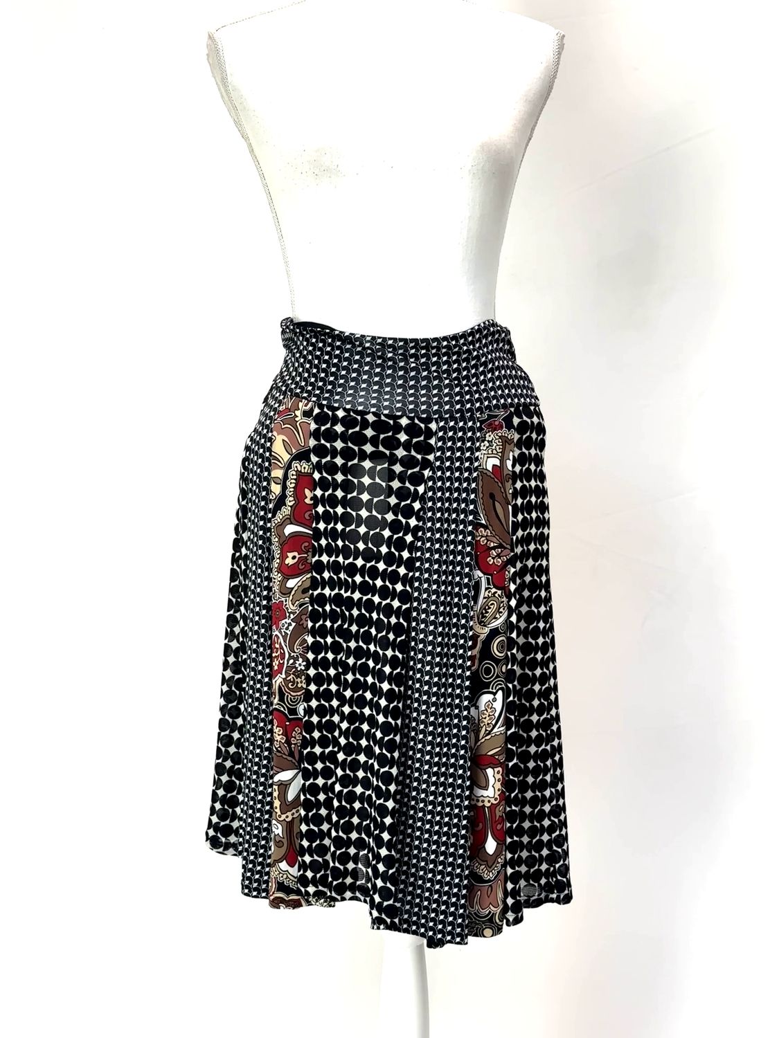 Marella, Blakc/White/Multi Print Pleat Panelled Full Hem Skirt, Size 42