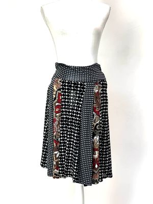 Marella, Blakc/White/Multi Print Pleat Panelled Full Hem Skirt, Size 42