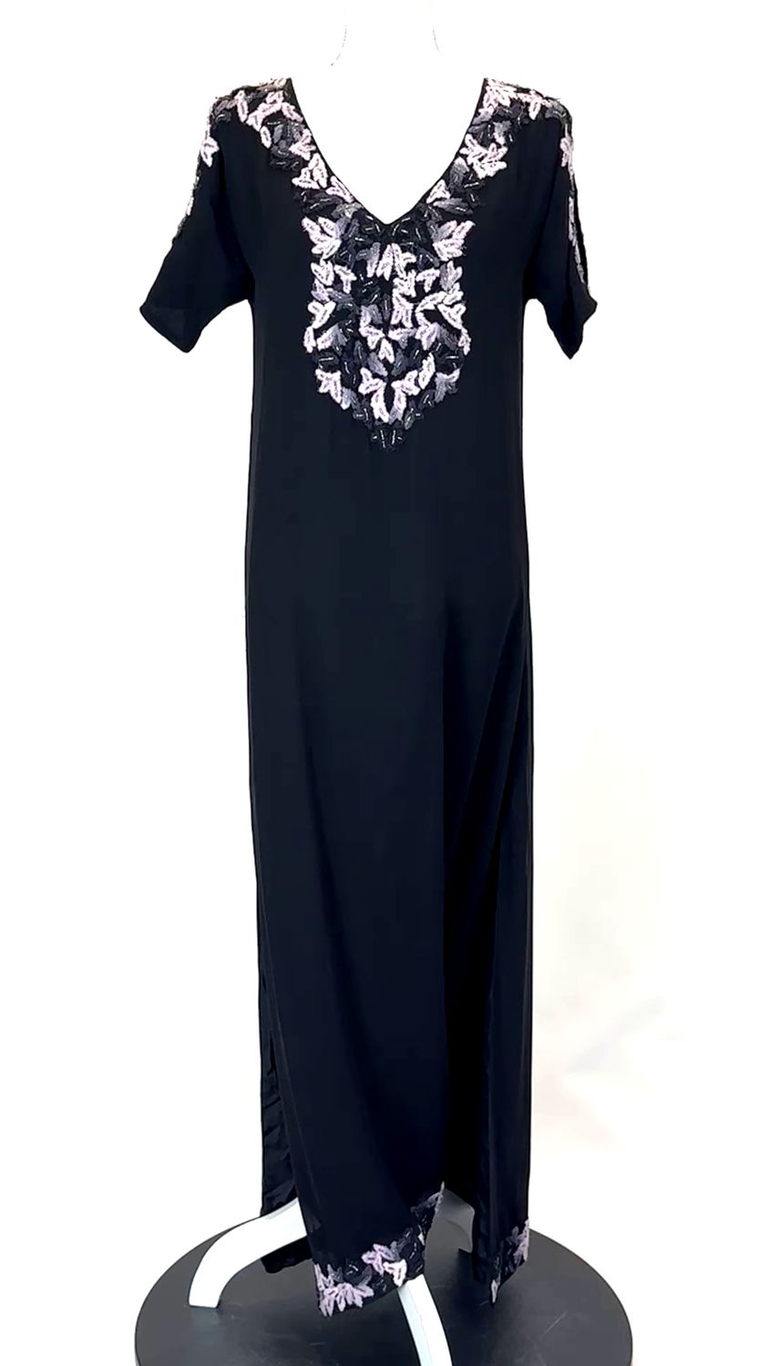 Little Joe, Black/Pinks/Grey Textured Beaded V-Neck Slit S/Slv Silk Long Dress, Size S