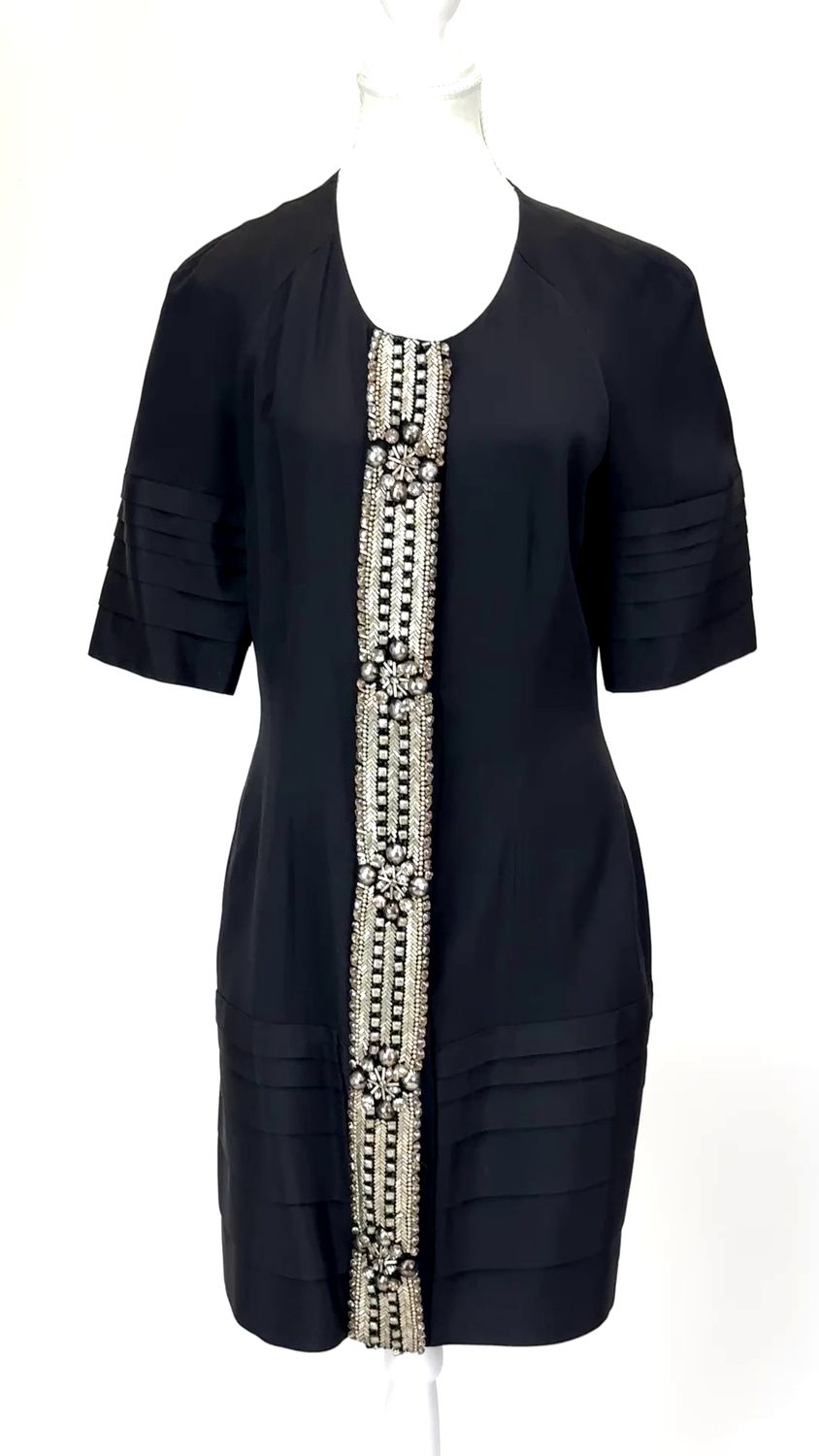 Thurley, Black/Gold Bead Embellished Snapstud Front Pleat S/Slv Silk Midi Dress, Size 10