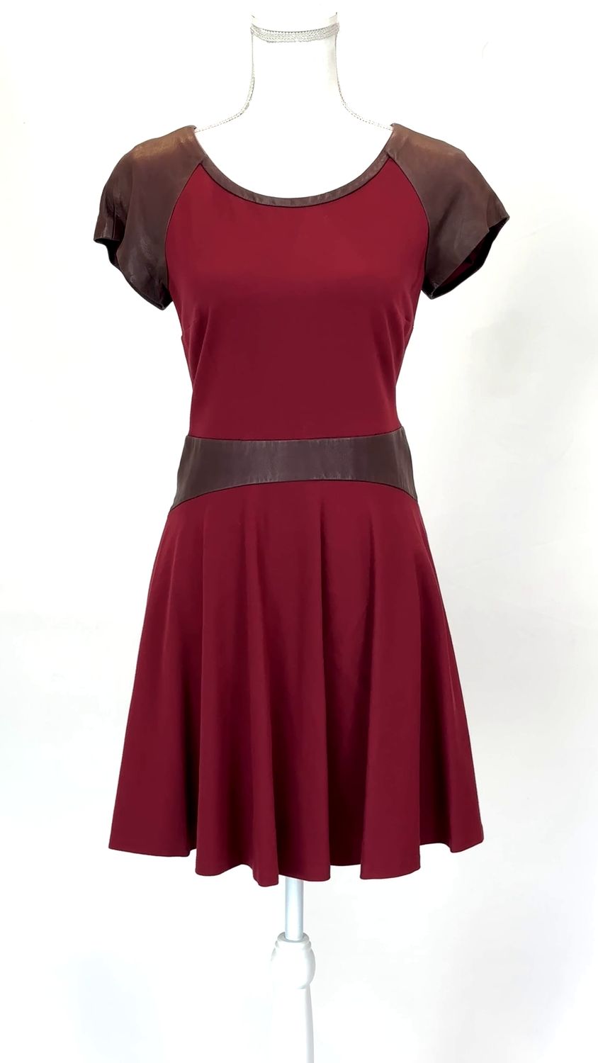 Diane Von Furstenberg, Red/Aubergine Leather Panelled Flare Hem S/Slv Dress , Size US6