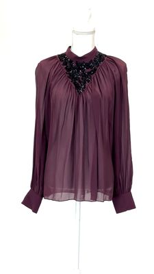 Megan Park, Burgandy/Black Sequin Embellished Neckline Silk Blouson L/Slv  Blouse, Size 0