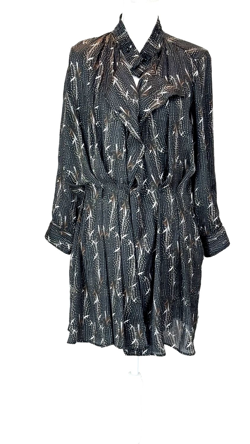 Isabel Marant, Brown/Black/White Feather Print Wrap Neckline Drape/Pleat Waist L/Slv Dress, Size 0