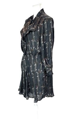 Isabel Marant, Brown/Black/White Feather Print Wrap Neckline Drape/Pleat Waist L/Slv Dress, Size 0