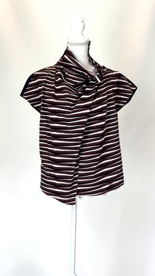 Carven, Brown/Cream/Black Stripe High-Neck Asymmetrical Button Shoulder S/Slv Top, Size 36