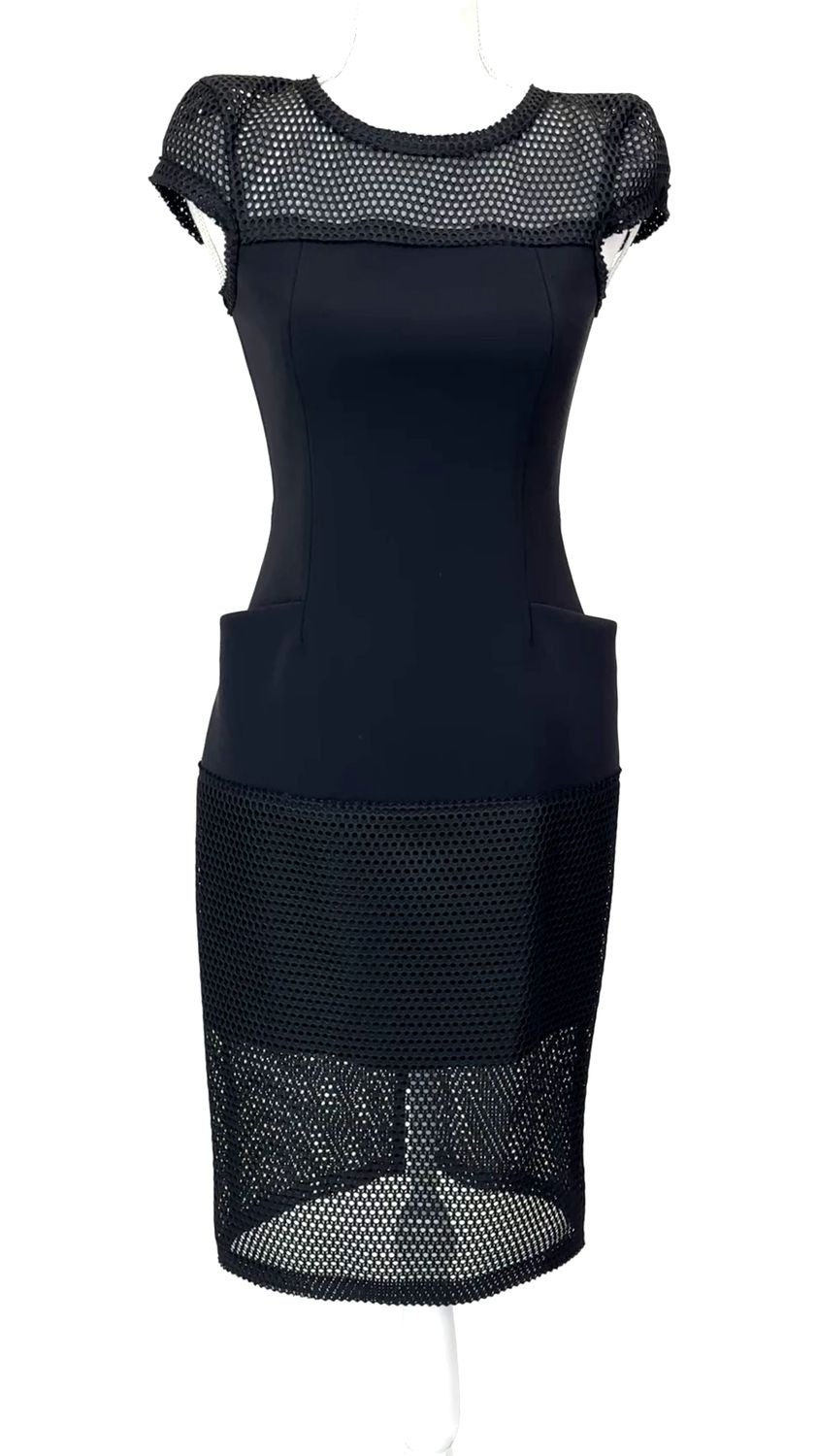 Scanlan Theodore, Navy/Black Mesh Insets Cap Slv Midi  Dress, Size 8