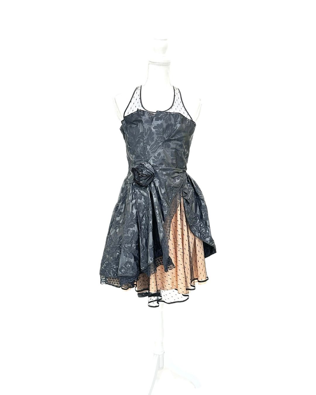 Red Valentino, Black/Nude Lined Mesh Lace Rose Appliquefull Hem S/Less Dress. Size 46